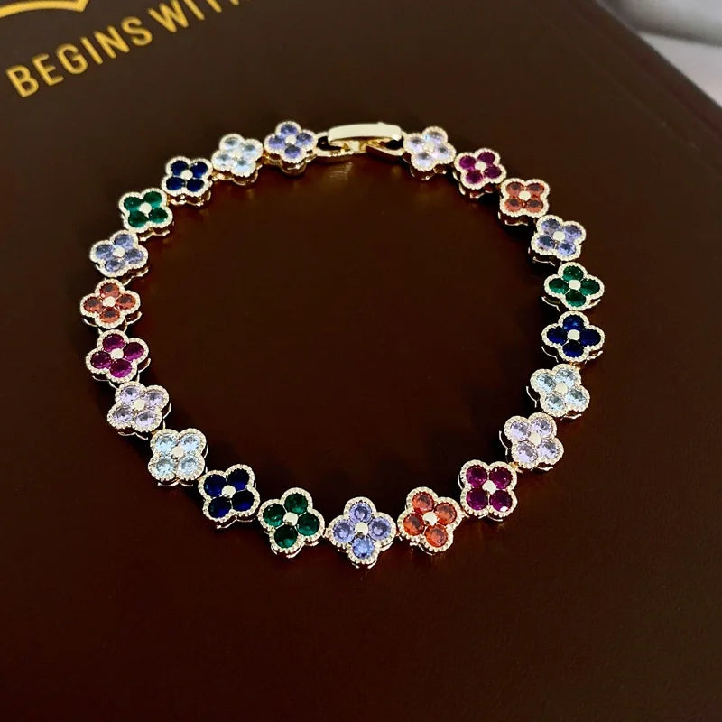luckacco classic fashion colored crystal flower lucky bracelet women personalized new stainless steel bracelet party jewelry accessories
