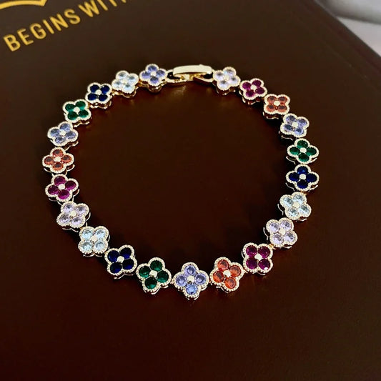 Luckacco Classic Fashion Colored Crystal Flower Lucky Bracelet Women Personalized New Stainless Steel Bracelet Party Jewelry Accessories
