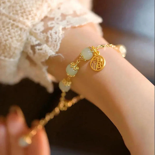 Luckacco Fu Character Lucky Hetian Jade Antique Bracelet Creative All-Match Auspicious Cute Female Temperamental Fashion Gifts Femme