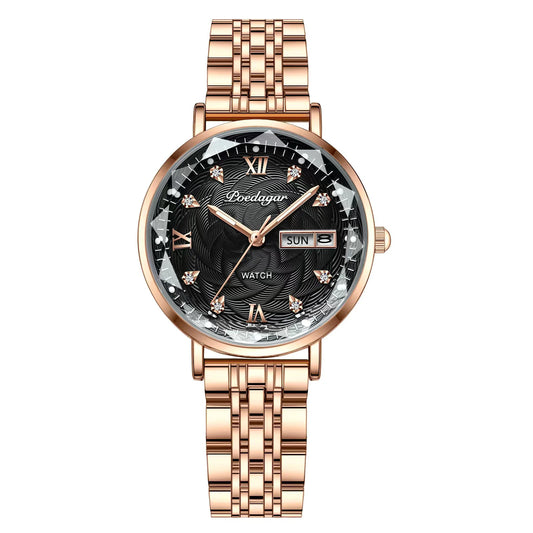 Luckacco POEDAGAR Elegant Luxury Women Watch Waterproof Luminous Date Week Ladies Watches Fashion Stainless Steel Quartz Woman Wristwatch