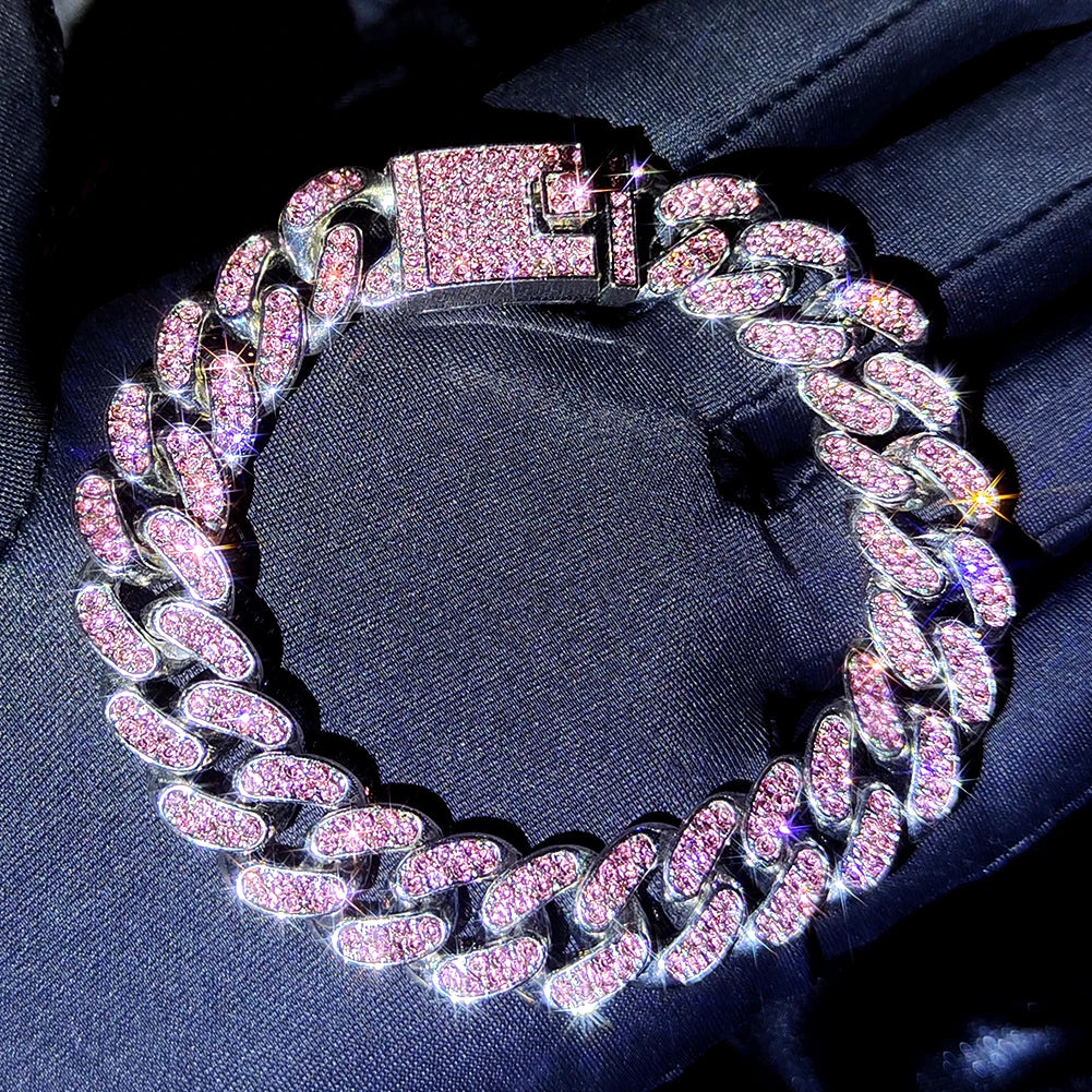 luckacco iced out pink cuban bracelet for women hip hop gold silver color crystal heart circle square bracelet 4pcs set jewelry gift