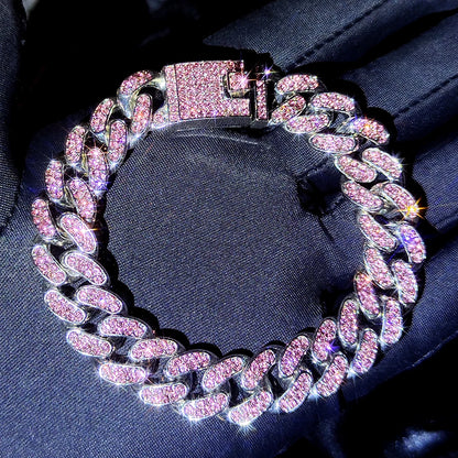 Luckacco Iced Out Pink Cuban Bracelet for Women Hip Hop Gold Silver Color Crystal Heart Circle Square Bracelet 4Pcs Set Jewelry Gift