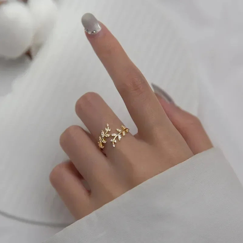luckacco leaf shape design adjustable opening rings for women sparkling cubic zirconia olive ring party daily wear fashion jewelry