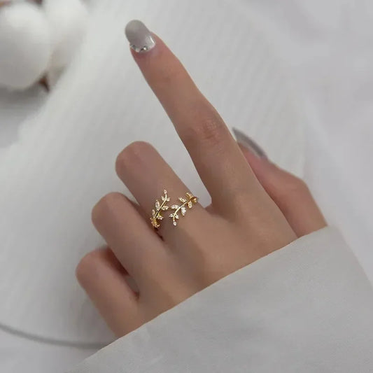 Luckacco Leaf Shape Design Adjustable Opening Rings for Women Sparkling Cubic Zirconia Olive Ring Party Daily Wear Fashion Jewelry