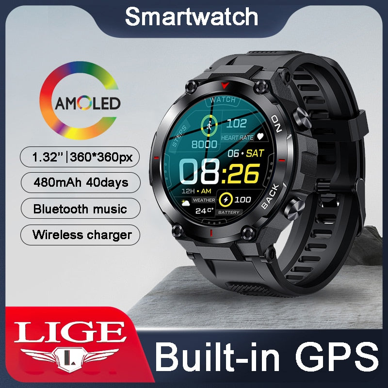 LIGE GPS Smart Watch Men 2023 NEW Outdoor Sports Watches Waterproof Fitness 24-hour Heartrate Blood Oxygen Monitor Smartwatch - luckacco