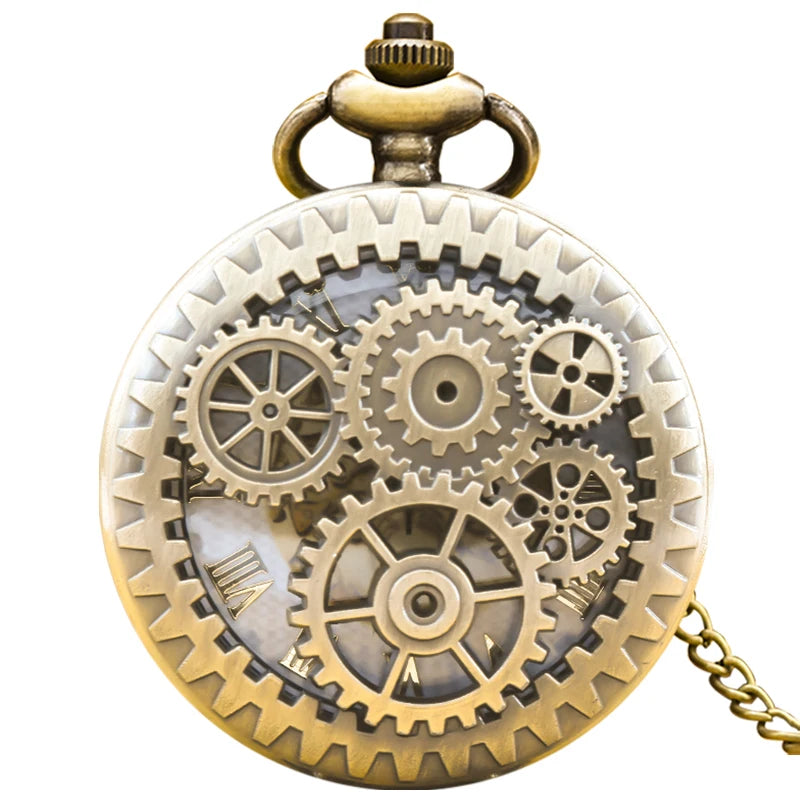 luckacco vintage bronze steampunk copper cutout gear quartz pocket watch necklace pendant clock chain men women chain gift
