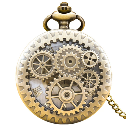 Luckacco Vintage Bronze Steampunk Copper Cutout Gear Quartz Pocket Watch Necklace Pendant Clock Chain Men Women Chain Gift