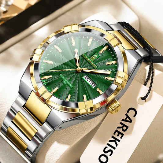 Luckacco CAREKISO Military Business Men Clock Date Week Waterproof Luminous Quartz Man Wristwatch Stainless Steel Men's Watches Reloj+Box