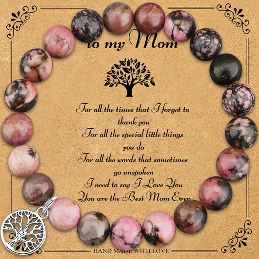 Luckacco Natural Agate Unique Design Tree of Life Beaded Bracelet Women's Jewelry Mom's Christmas Party Favor with Blessing Card