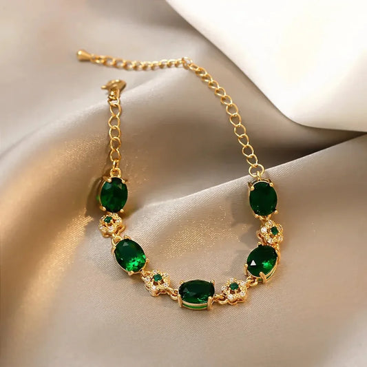 Luckacco Luxury Green Rhinestone Crystal Bracelet Gold Color Link Chain Bracelets For Women Vintage Party Wedding Bridal Jewelry Gifts