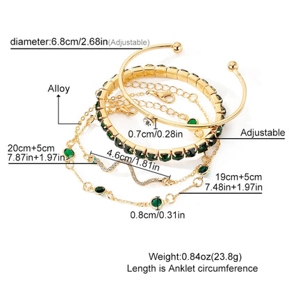 Luckacco 4PCS/Set Fashionable Snake Imitation Gemstone Bangle Rhinestone Full Metal Bracelet Set for Women's Jewelry Birthday Party Gifts