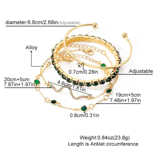 Luckacco 4PCS/Set Fashionable Snake Imitation Gemstone Bangle Rhinestone Full Metal Bracelet Set for Women's Jewelry Birthday Party Gifts