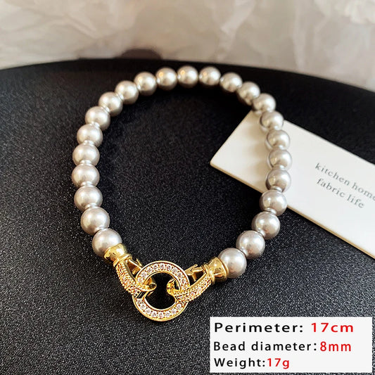 Luckacco French Elegant Micro Set Zircon Round Buckle Imitation Pearl Beaded Necklace For Women's Temperament Jewelry Sweet Accessories
