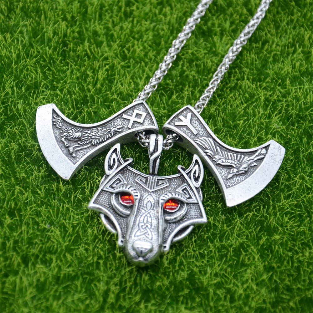 Nostalgia Goth Wolf And Raven Engraved On Slavic Perun Axe Runes OTHALA ALGIZ Viking Necklace Wiccan Pagan Amulet Witch Jewelry - luckacco