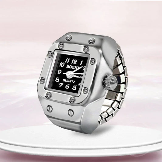 Luckacco Vintage Punk Finger Watch Mini Elastic Strap Alloy Watches Couple Rings Jewelry Clock Retro Roman Quartz Watch Rings Women Men