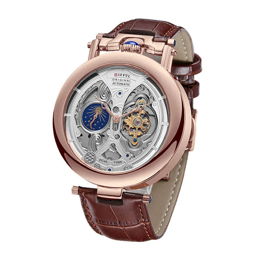 Luckacco DIFFUL Luxury Big Skeleton Dial Mens Watch Moon Phase Tourbillon Leather Men Automatic Watches