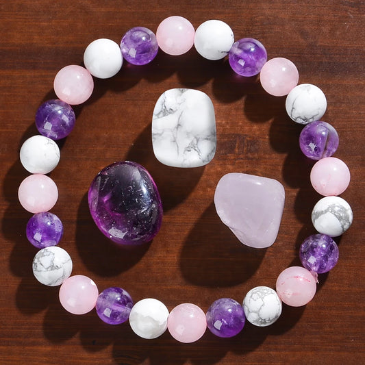 Luckacco 1pc Fashionable Aura Balancing Sleep Bracelet, 8mm Natural Stone Sleep Bracelet - White Turquoise - Amethyst - Rose Quartz
