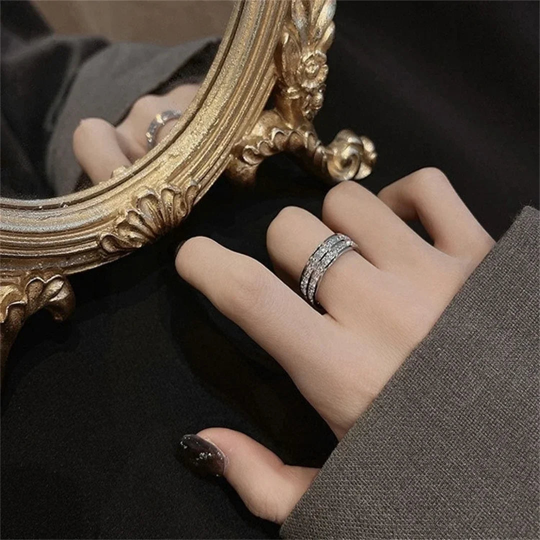 luckacco luxury rose gold double rowed square zircon stainless steel ring women's romantic engagement wedding party jewelry women gift