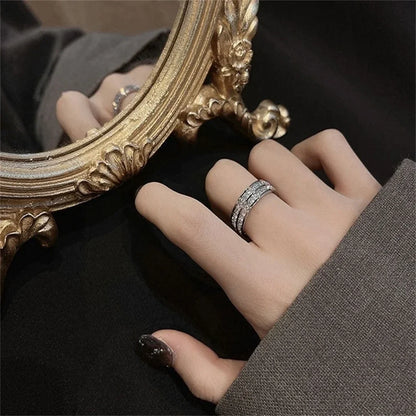 Luckacco Luxury Rose Gold Double Rowed Square Zircon Stainless Steel Ring Women's Romantic Engagement Wedding Party Jewelry Women Gift