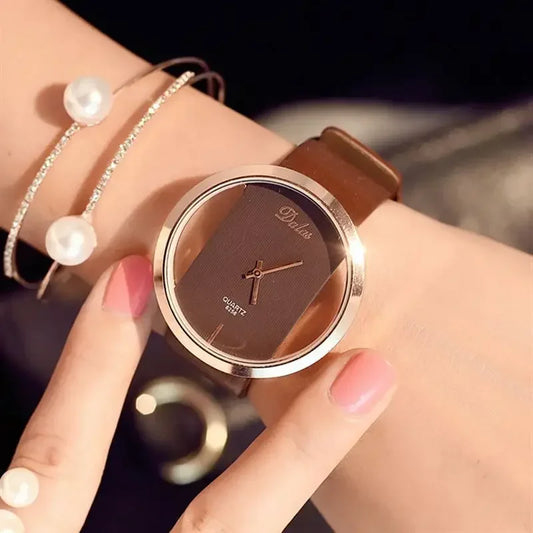 Luckacco Famous Watch Women Luxury Leather Skeleton Strap Dress Watch Casual Quartz Wristwatch Stainless Steel Reloj Mujer часы женские
