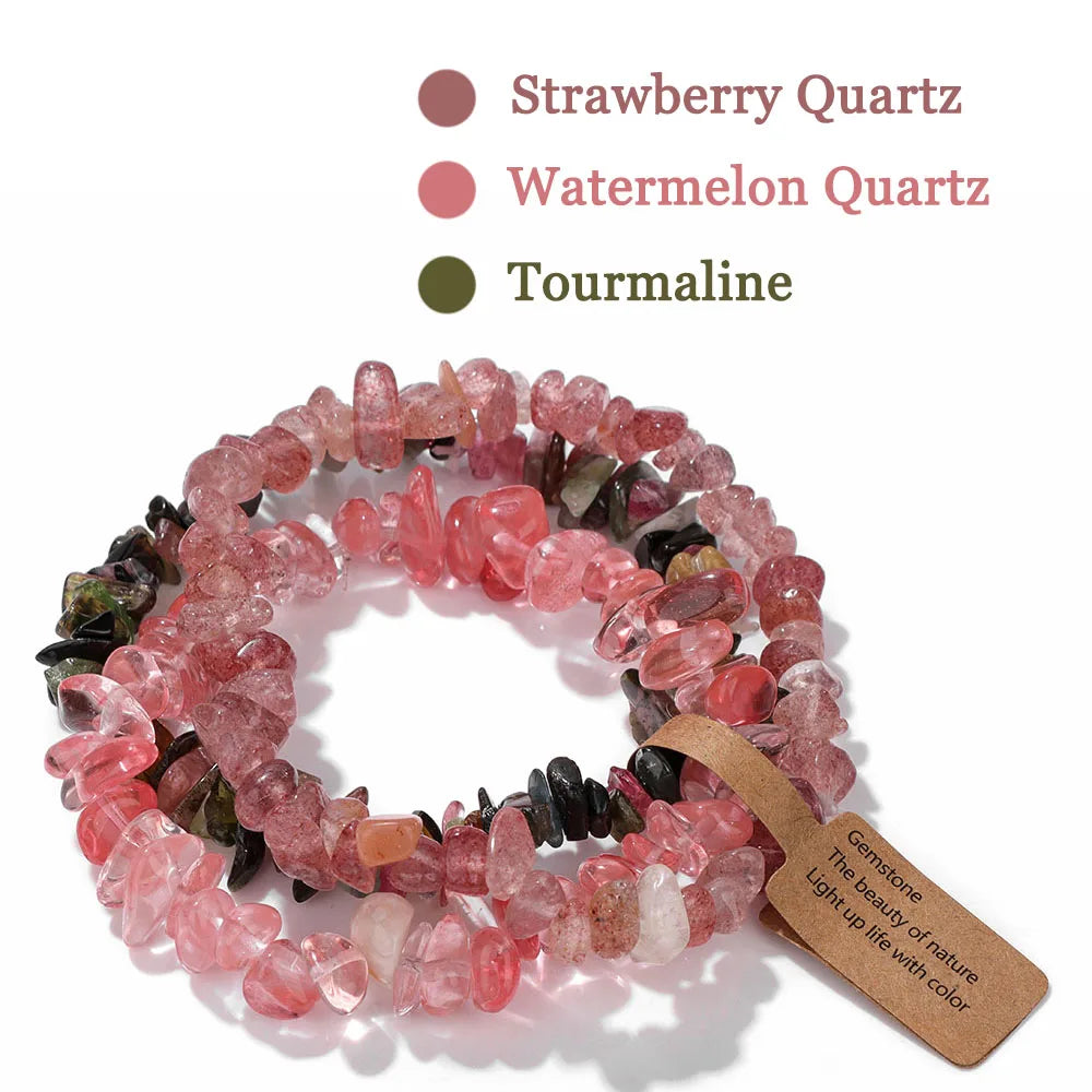 luckacco 3pcs natural chip stone bracelet set irregular fluorite quartzs stretch bracelet with tag healing jewelry gifts for women men