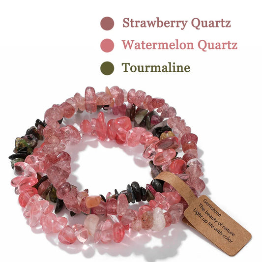 Luckacco 3PCS Natural Chip Stone Bracelet Set Irregular Fluorite Quartzs Stretch Bracelet With Tag Healing Jewelry Gifts For Women Men