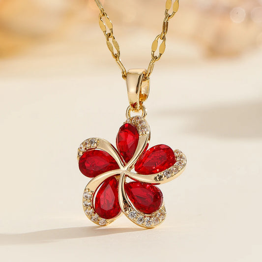 Luckacco DIEYURO 316L Stainless Steel Green Zircon Flowers Pendant Necklace For Women New Luxury Girls Lucky Chain Birthday Jewelry Gifts