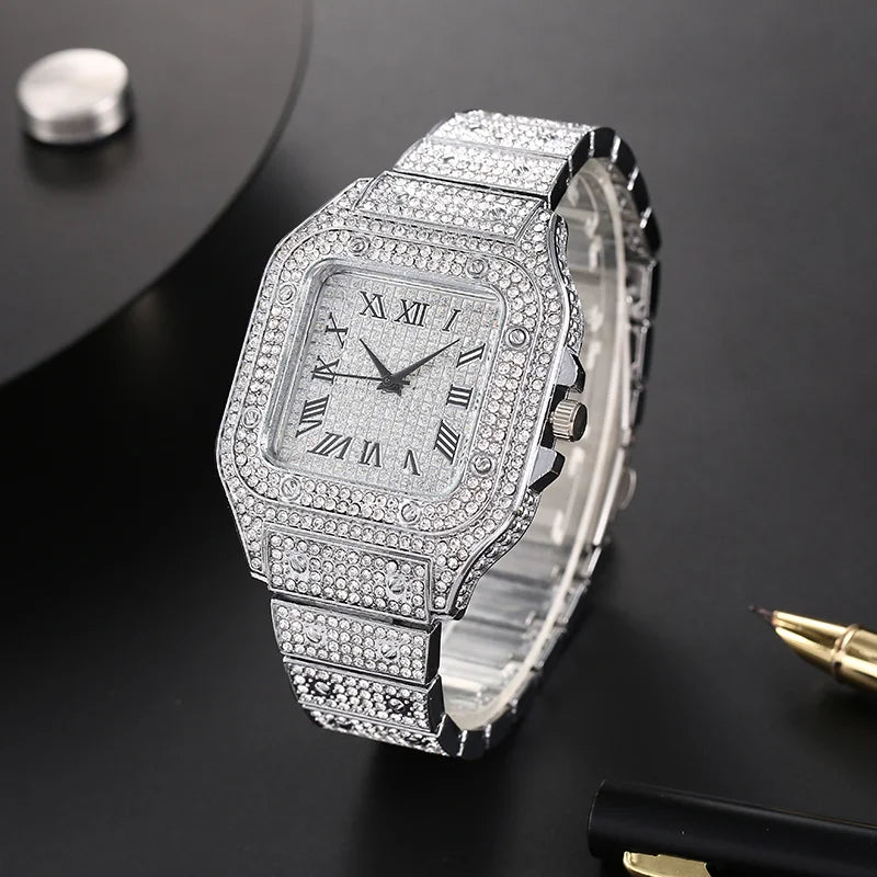 luckacco luxury classic business men's steel strap square roman scale rhinestone quartz watch fashion male wristwatch relogio masculino