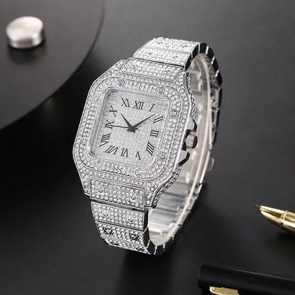 Luckacco Luxury Classic Business Men's Steel Strap Square Roman Scale Rhinestone Quartz Watch Fashion Male Wristwatch Relogio Masculino