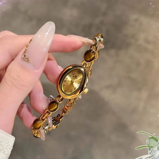 Luckacco Luxury Vintage Quartz Women's Watches Fashion Natural Green Jade Bracelet Clock Numerals Small Oval Dial Watch Woman Accesories