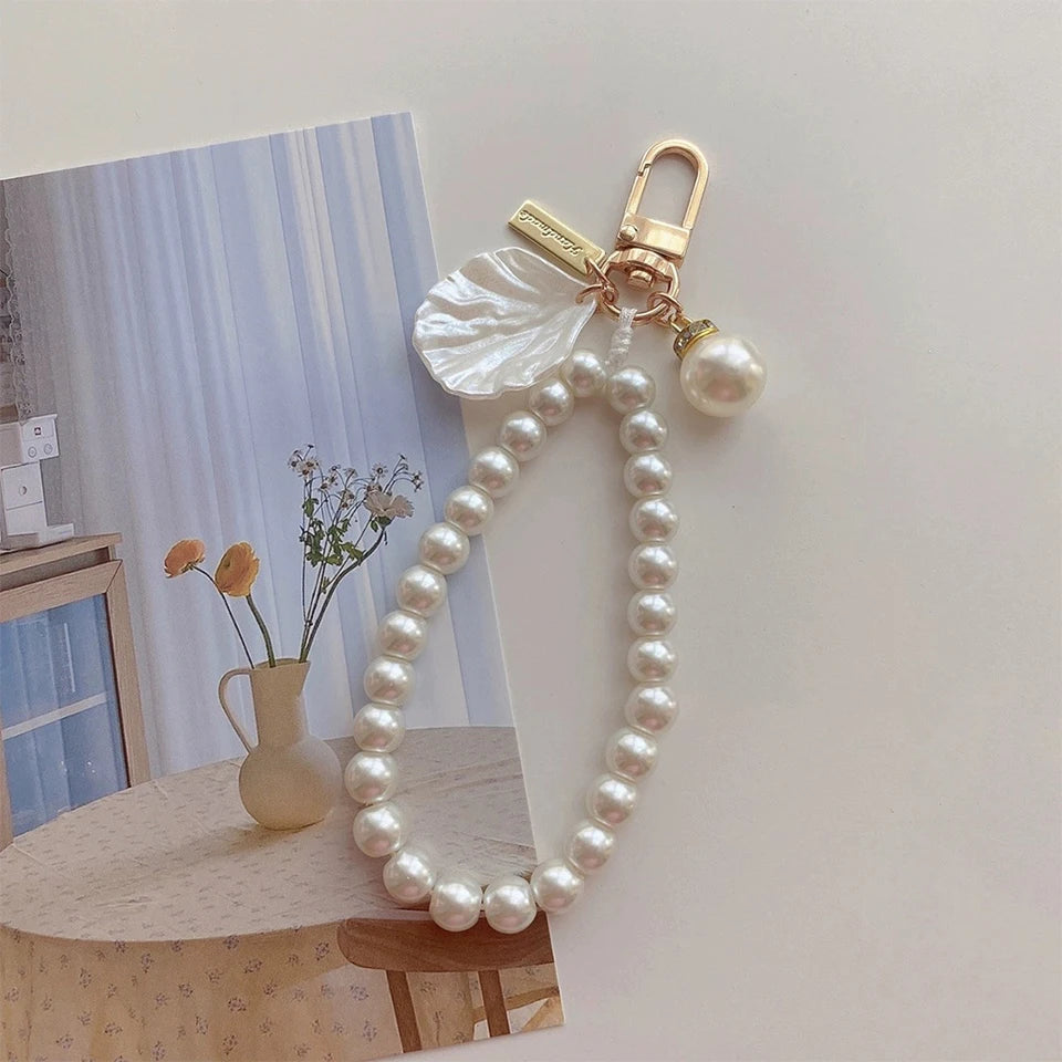 luckacco picks cute pearl keychain for women girls shiny pearl bead shell phone bag backpack charm accessory car key key chain pendant