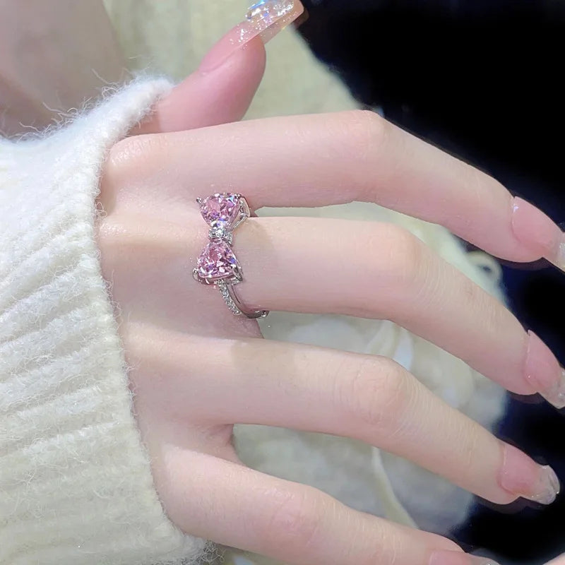 luckacco fashion romantic pink crystal bowknot rings sweet exquisite y2k opening finger ring girls birthday party jewelry accessories