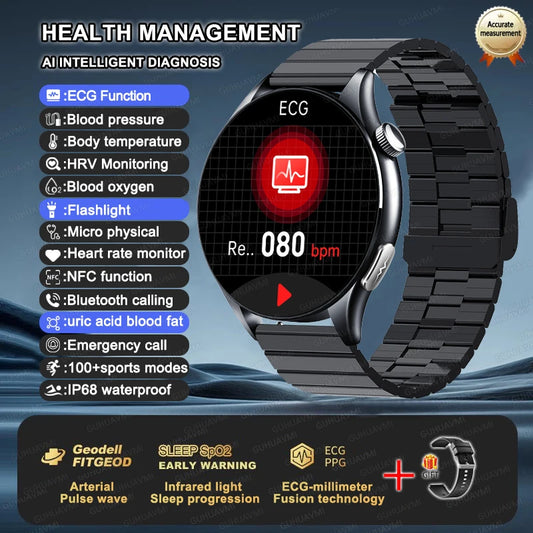 Luckacco 2025 New Health Analysis ECG+PPG Smart Watch Body Fat Uric Acid Blood Pressure Heart Rate Tracker NFC Smartwatch For Android IOS