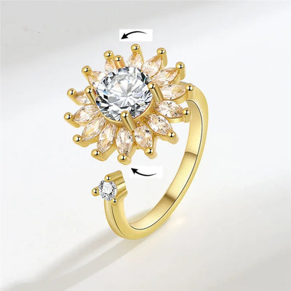 Luckacco Fashion Fidget Spinner Ring Anxiety for Women Multiple Crystal Sunflower Finger Rings Rotate Anti Stress Jewelry Wedding Gift