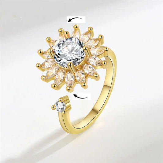 Luckacco Fashion Fidget Spinner Ring Anxiety for Women Multiple Crystal Sunflower Finger Rings Rotate Anti Stress Jewelry Wedding Gift