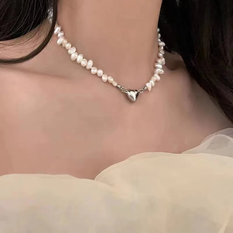 luckacco korean fashion pearl chain choker necklace for women girls 2022 trend jewelry heart pendant necklace bridal engagement