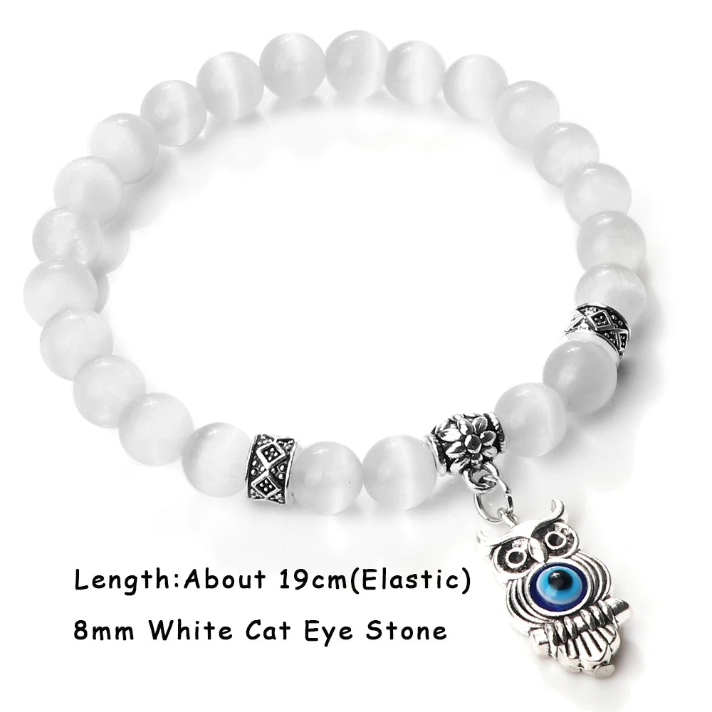 luckacco natural cat eye stone bracelet & bangle for women brief white pink opal beads yoga balance jewelry lucky wristband handmade gift