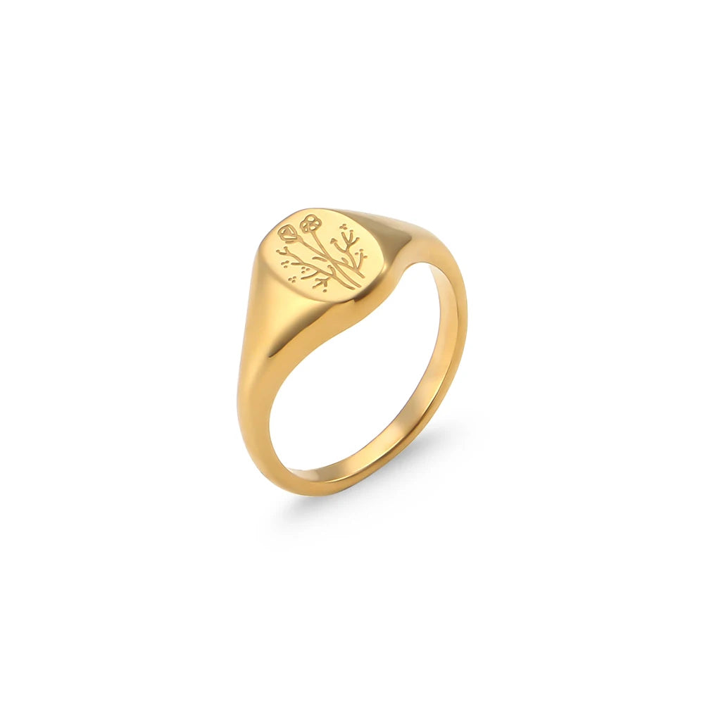 luckacco e.b.belle tarnish free stainless steel 18k gold plated engraving wildflower tea leaf lavender sunflower signet rings for women