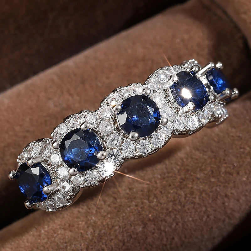 luckacco picksclassic blue cubic zirconia round copper rings for women girls silver color metal crystal fingers accessories jewelry gifts