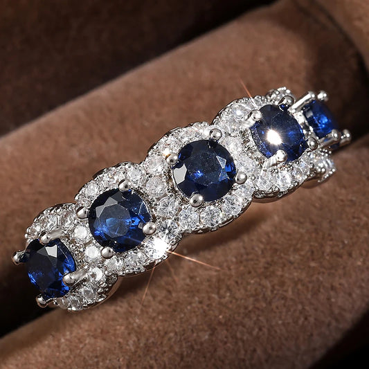 Luckacco picksClassic Blue Cubic Zirconia Round Copper Rings For Women Girls Silver Color Metal Crystal Fingers Accessories Jewelry Gifts