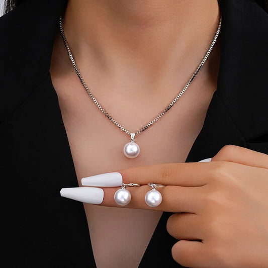 Luckacco Vintage Imitation Pearl Pendant Necklace Earring Set for Women Girl Gold Silver Color Chain Jewelry Simple Wedding Birthday Gift