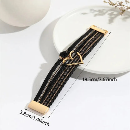 Luckacco New Metal Love Heart Charm Leather Bracelets for Women Fashion Bohemian Rhinestone Resin Wrap Bracelet Bangle Couple Jewelry
