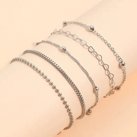 Luckacco 5pcs Elegant Alloy Bead Bracelet Set Multilayer Retro Multi-layer Chain Simple Bracelet Trendy Box Chain Simple Fashion Bracelet
