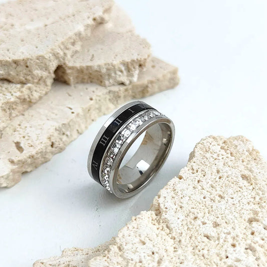 Luckacco Stylish and charming stainless steel gold-plated men's ring, simple Roman numeral zircon women's ring, wedding party jewelry