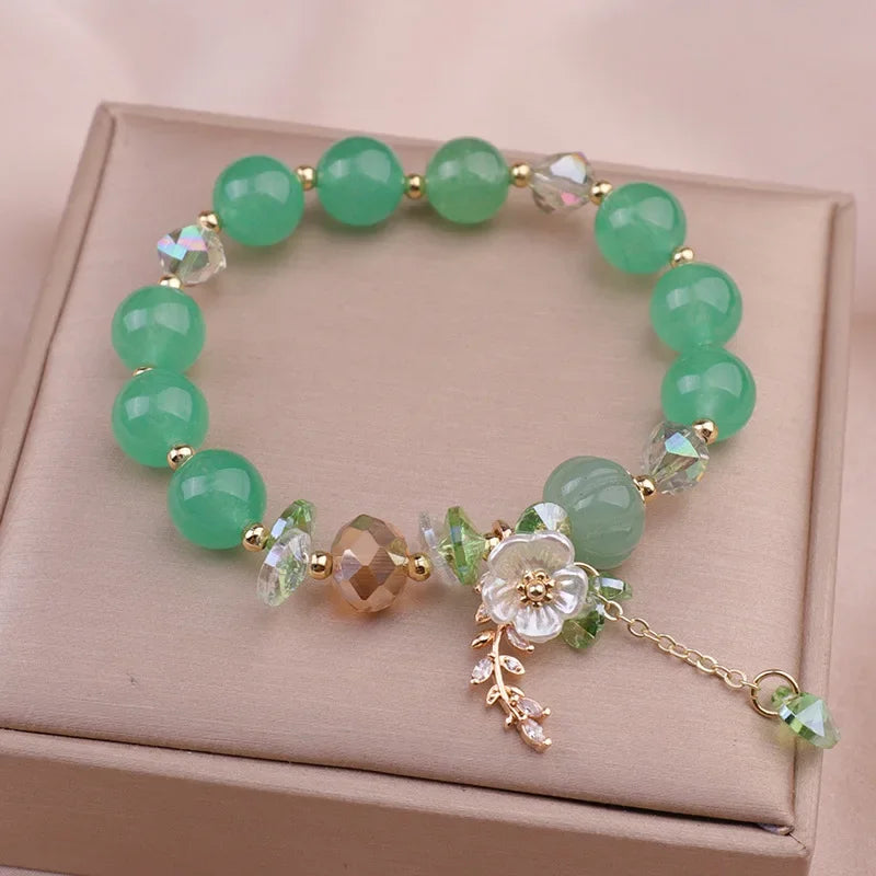 luckacco fashionable natural stone crystal bracelets women's light luxury leaf flower pendant beaded bracelet girlfriend party jewelry