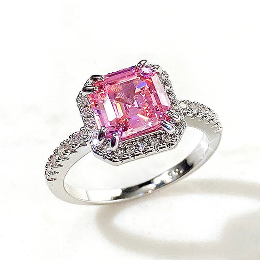 Luckacco Pink Cubic Zirconia Ring Suitable for Women's Engagement Wedding Luxury Accessories Sparkling Silver Fashion Jewelry