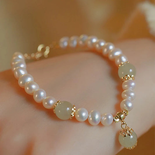 Luckacco Pearl Hotan Jade Female Beads High Quality Near Round Natural Freshwater Chain Bracelet Jewelry For Women Birthday Gifts
