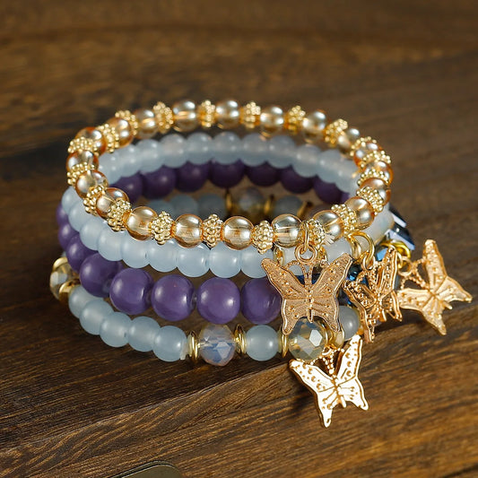 Luckacco 4pcs Set Bohemia Exquisite Acrylic Beaded Crystal Butterfly Bracelet for Women Charm Multilayer Pearl Bangle Jewelry Friend Gift
