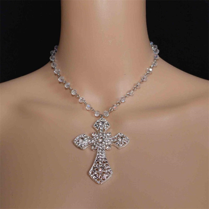 Emo Vampire Big Cross White Crystal Choker Necklace Victorian Wedding Necklace Goth Punk Crystal Cross Metal Jewelry Accessories - luckacco