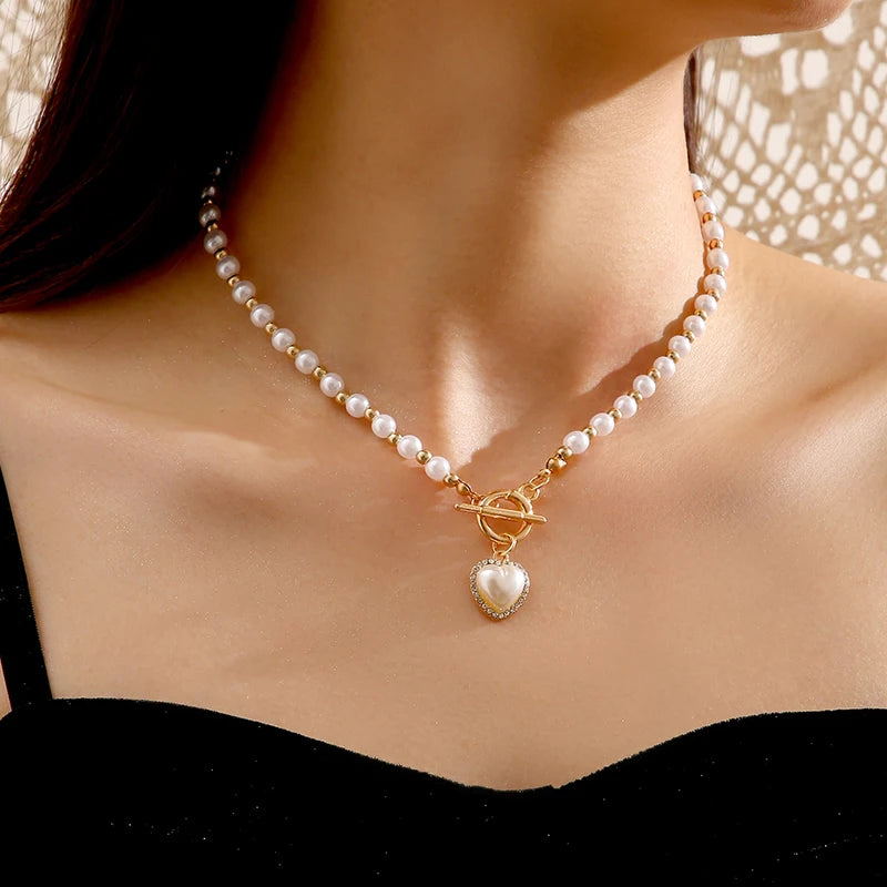 luckacco y2k bowknot pearl necklace for women elegant korean style rhinestone heart pendant necklace fashion wedding party jewelry gift